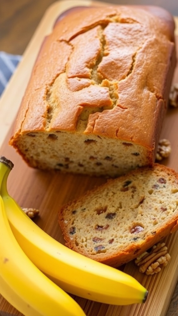 A golden loaf of banana bread sliced on a cutting board with ripe bananas and walnuts.